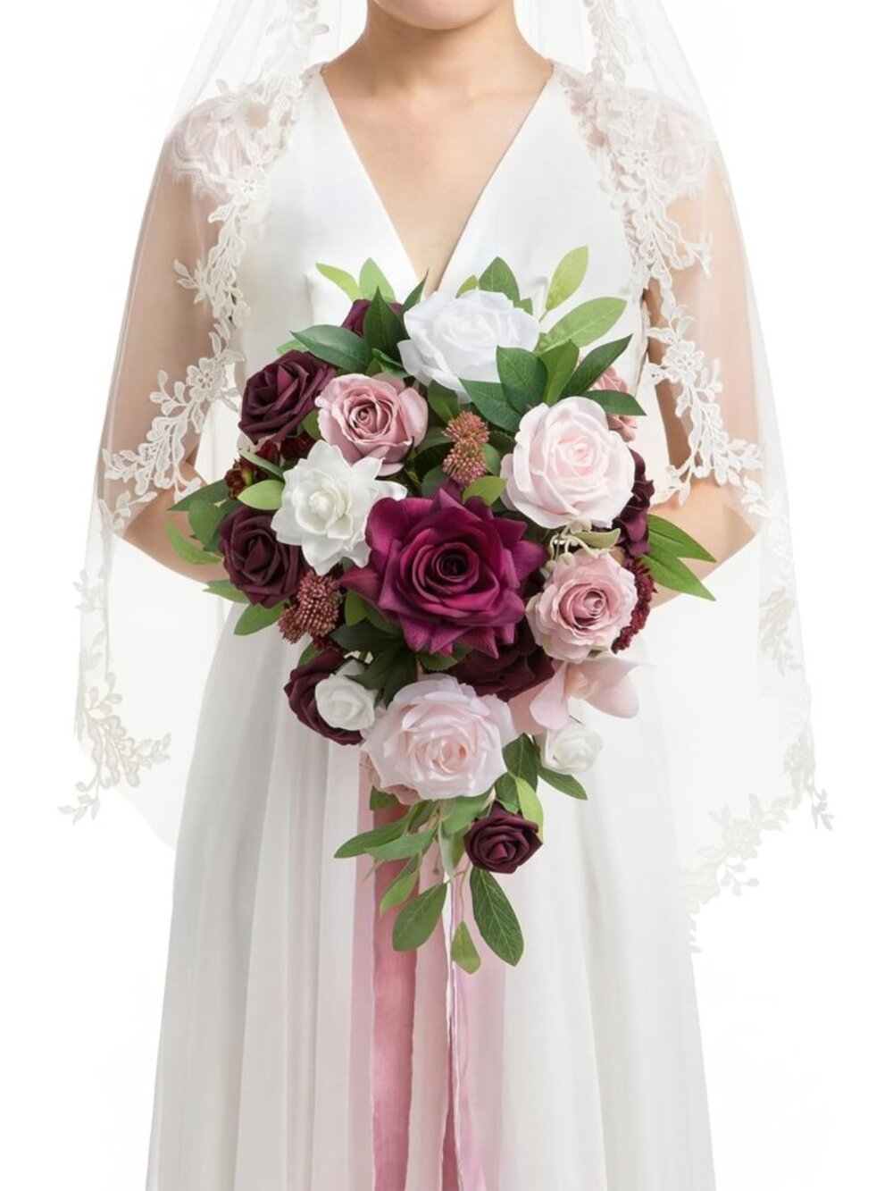 Stunning Red Cascading Bridal Bouquet - 13 Inch Marsala & Ash Rose Flowers